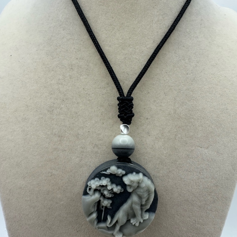 Tai Chi Stone Tiger Pendant Necklace with Silver Accent Bead on Adjustable Rope - Picture 2 of 10